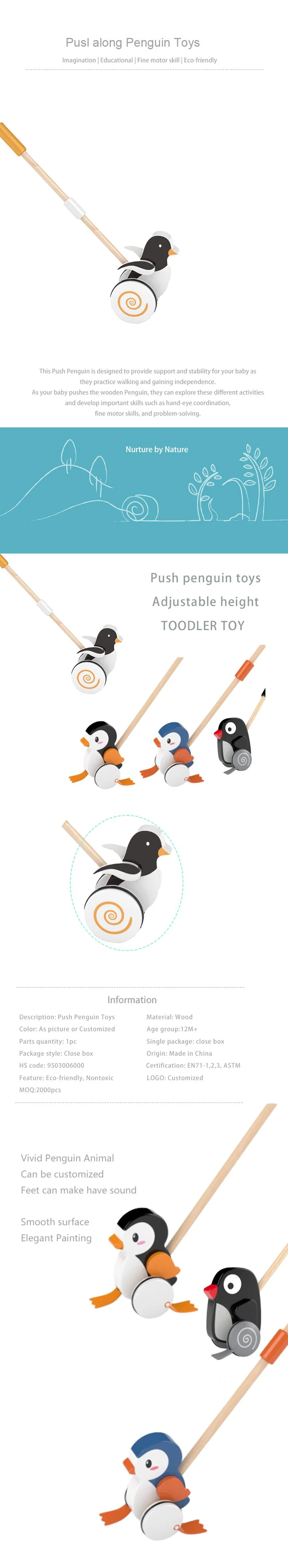 Kids Push Animal Toys Gifts Rolling Animal Christmas Walk Along Toddler Penguin Wooden Pull Toy for Boys &amp; Girls