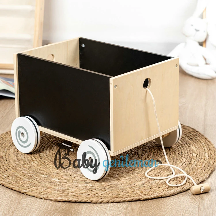 High Quality Kids Toys Organizer Wooden Cart Storage Box with Pull Rope Z08350c