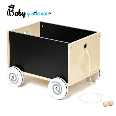 High Quality Kids Toys Organizer Wooden Cart Storage Box with Pull Rope Z08350c